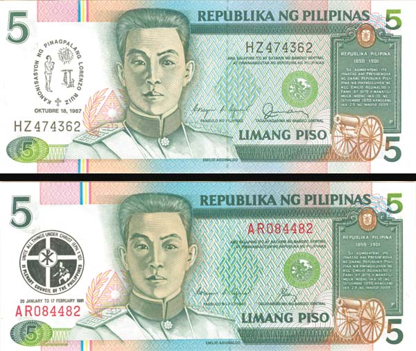 Philippines - Pair of 5 Pisos - P-176 and P-179 - 1987 & 1991 dated Foreign Paper Money